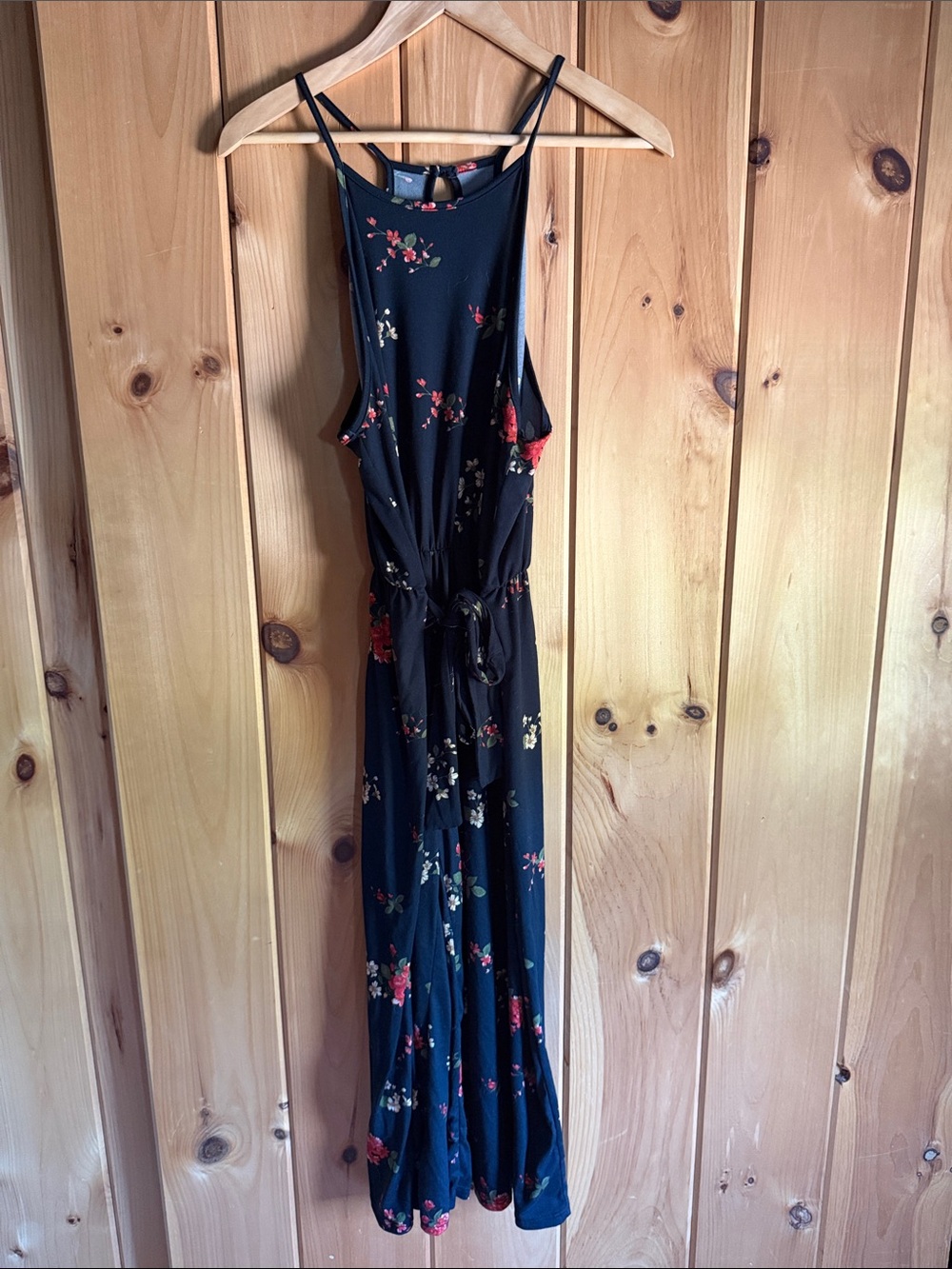 Navy Floral Sleeveless Jumpsuit with Tie Waist
